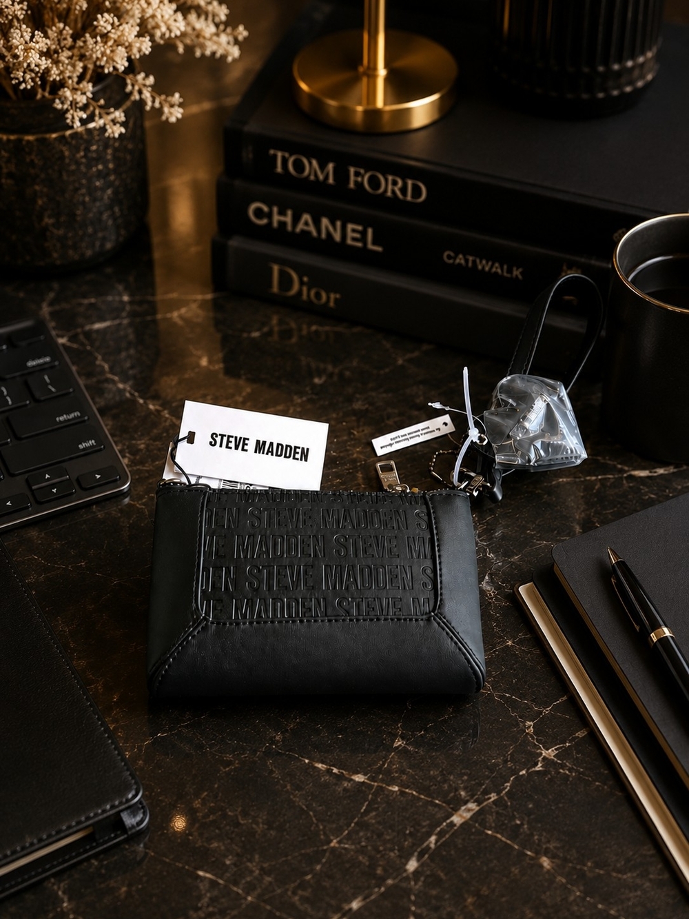 Steve Madden Black Embossed Leather Card Holder with Wrist Strap - Picture 5 of 5